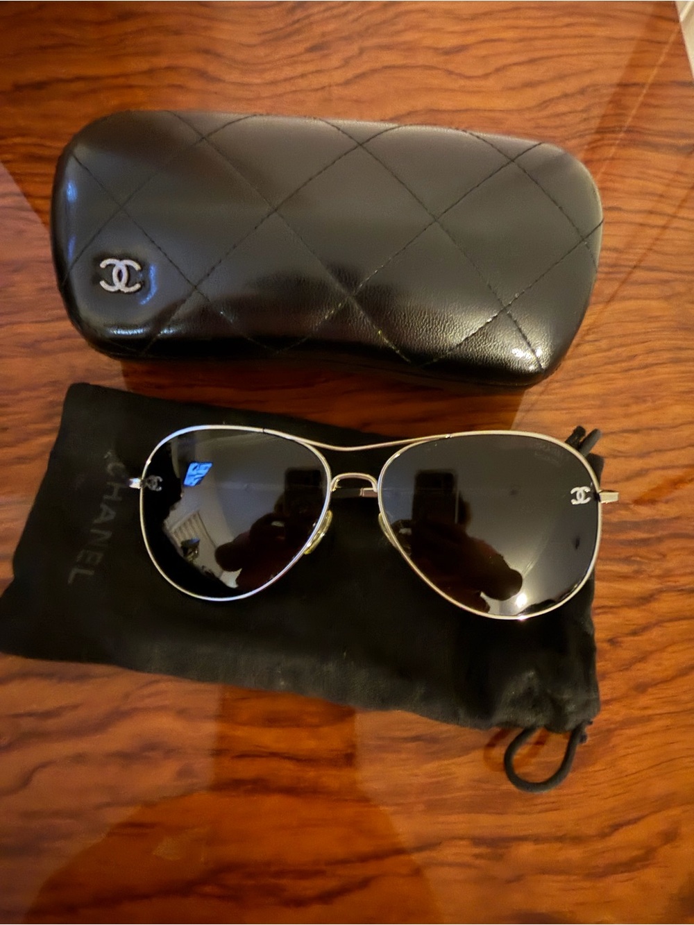 CHANEL Silver Frame Black Lens Aviator Sunglasses